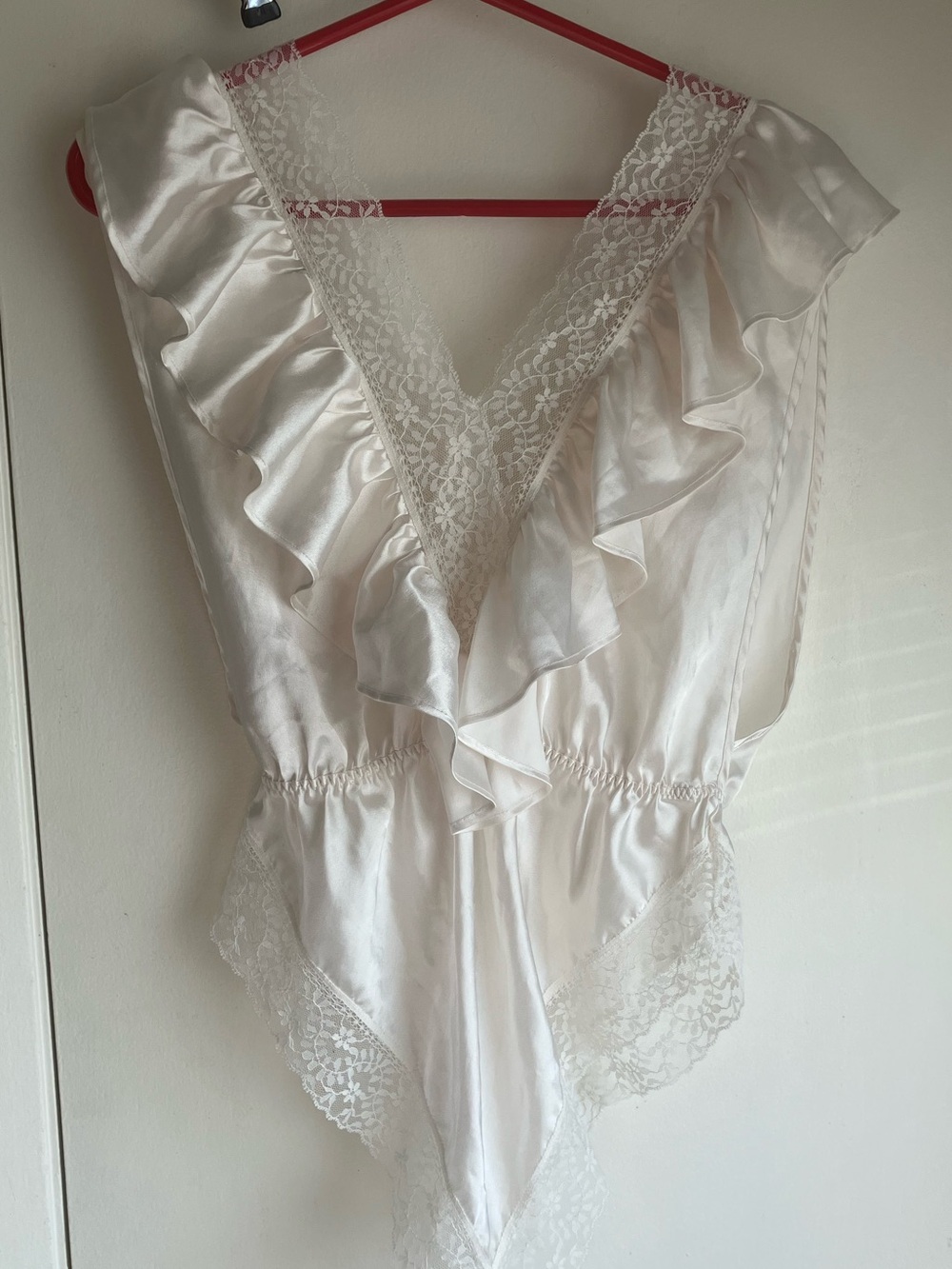 Vintage Lily of France Teddy Romper Bridal White Satin Lace Ruffles
